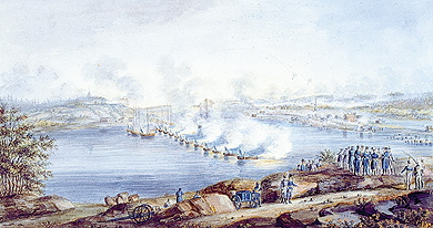 a 19th-century painting. "Last battle of the war at Ratan near Umeå in Swedish Västerbotten" Av Okänd - from enwiki (uploaded by User:Ghirlandajo), Public Domain, https://commons.wikimedia.org/w/index.php?curid=3976730